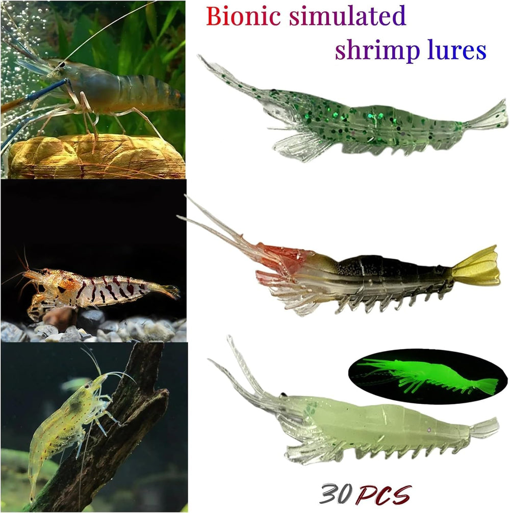 Close-up of luminescent shrimp lures in kit