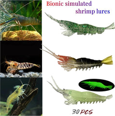 Close-up of luminescent shrimp lures in kit