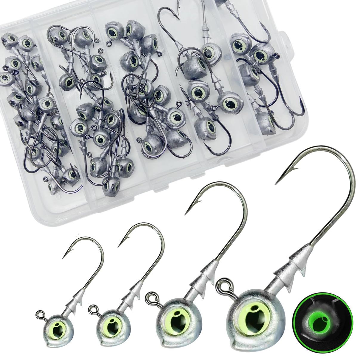 Damidel 50Pcs Swimbait Jig Heads set with four sizes and luminous 3D eyes