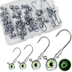 Damidel 50Pcs Swimbait Jig Heads set with four sizes and luminous 3D eyes