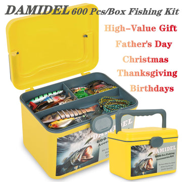 Close-up of 600-piece fishing accessories including hooks and sinkers