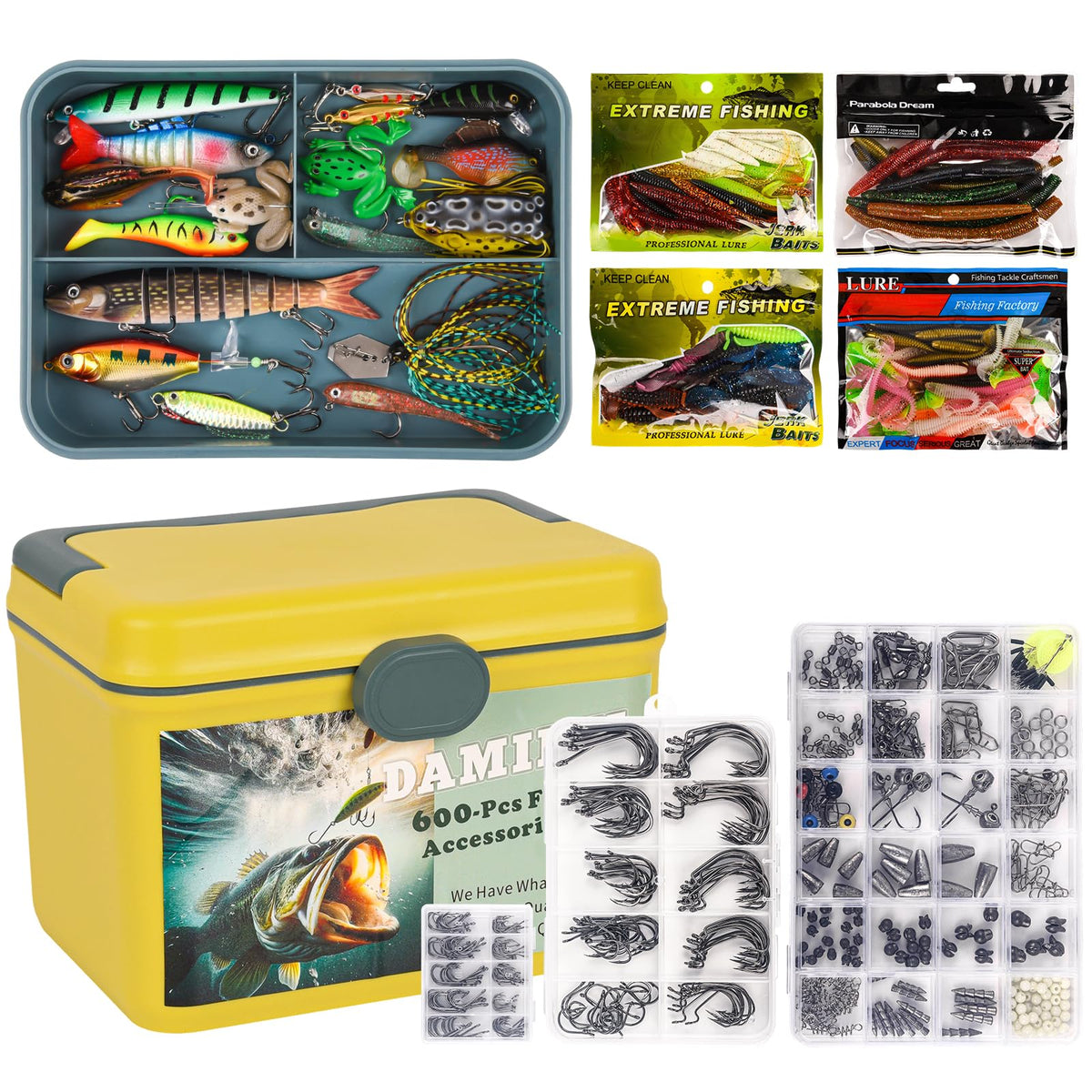 DAMIDEL 600 Pcs Tackle Box Fishing Kit - front view with lid closed