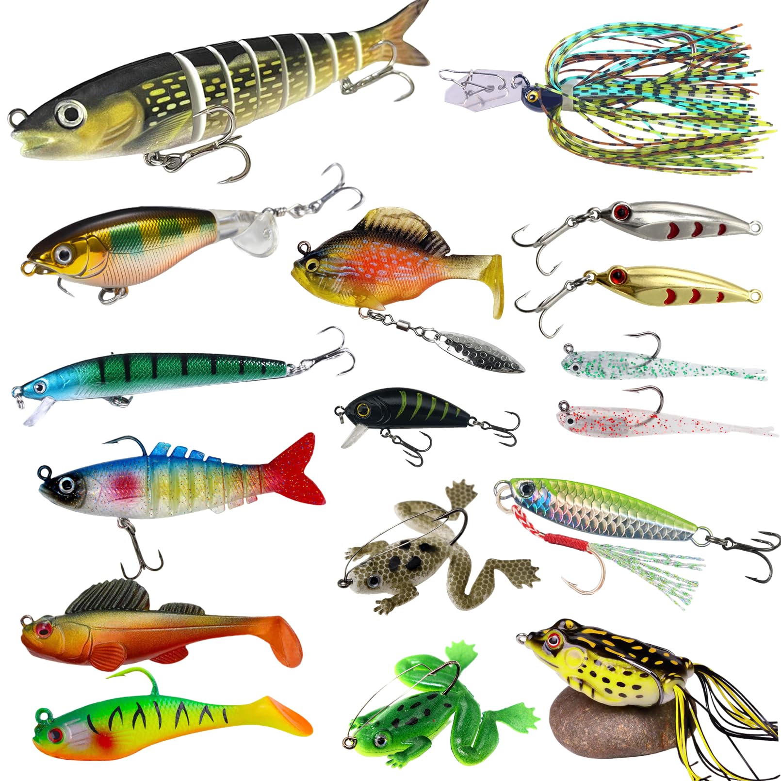 Top layer with lures, spoons, frogs and jig heads