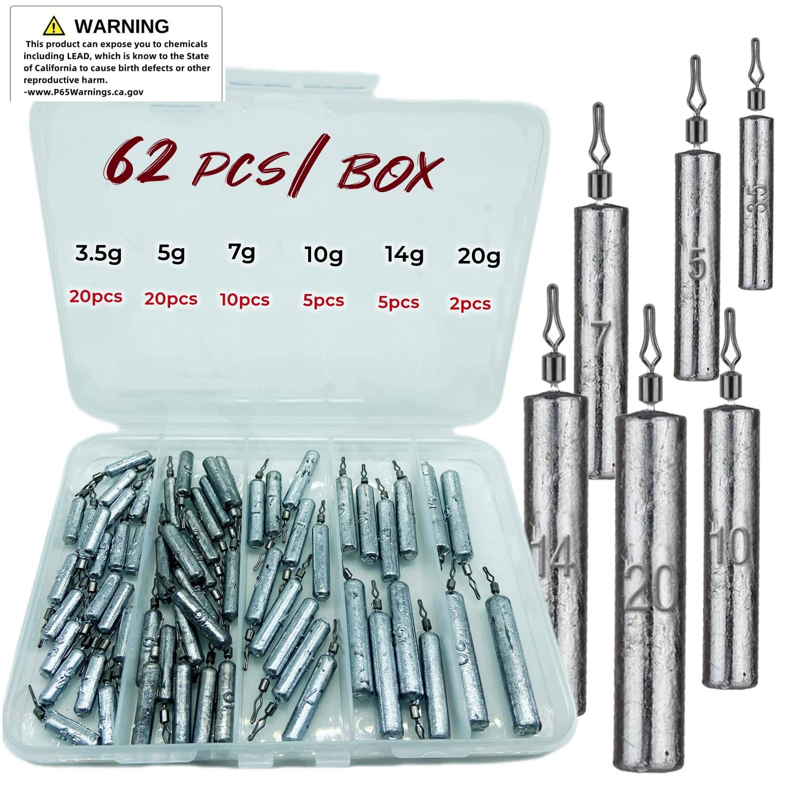 DAMIDEL 62-piece box of lead drop shot weights in mixed sizes (mixed weights).