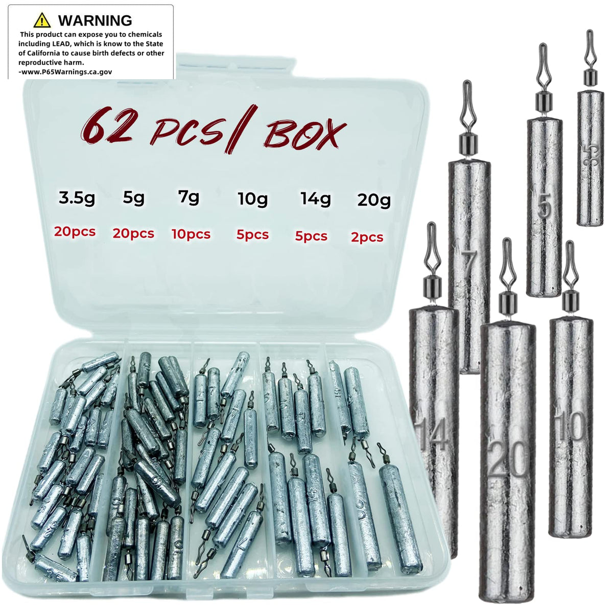 DAMIDEL 62-piece box of lead drop shot weights in mixed sizes (mixed weights).
