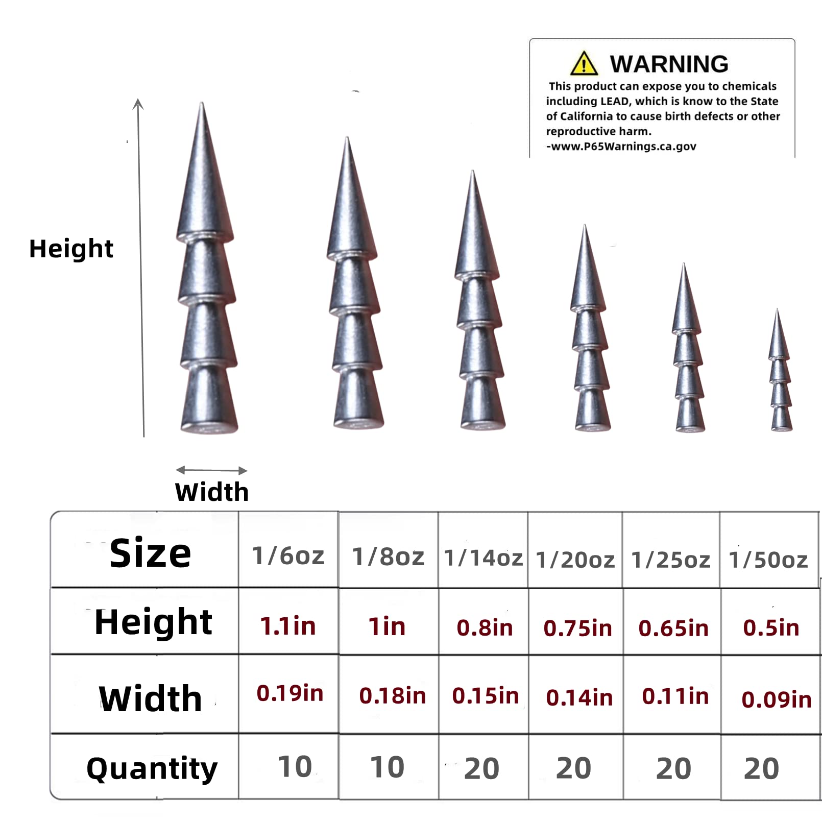 Six sizes mixed nail weights for variety of rigs