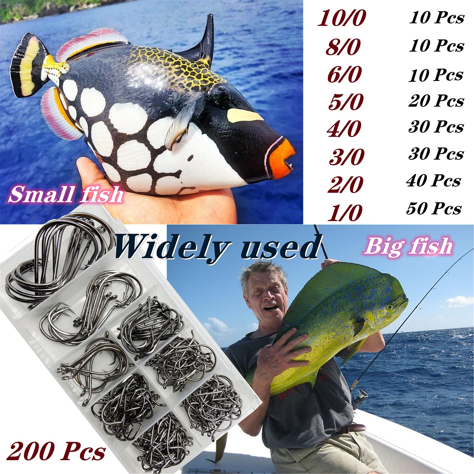 Eight size range from 10/0 to 1/0 for octopus hooks