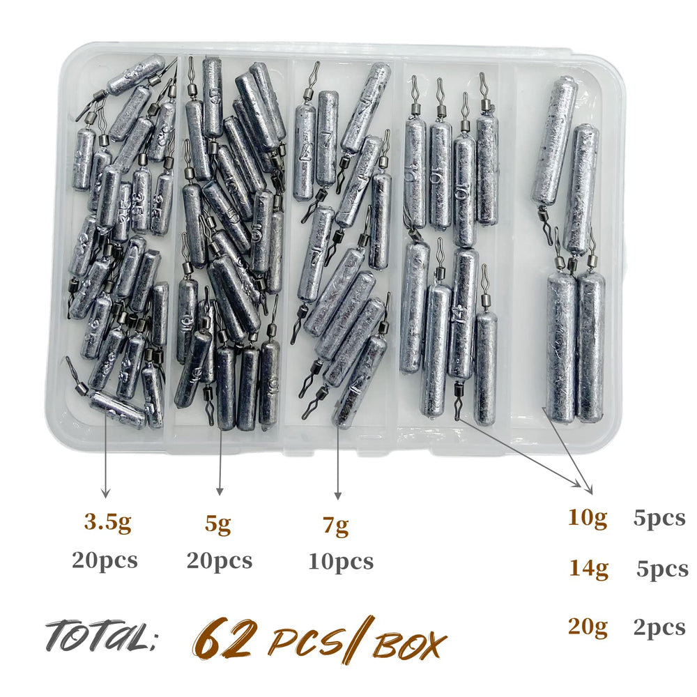 Close-up of pencil-shaped drop shot weights inside the 62-piece kit.