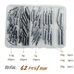 Close-up of pencil-shaped drop shot weights inside the 62-piece kit.