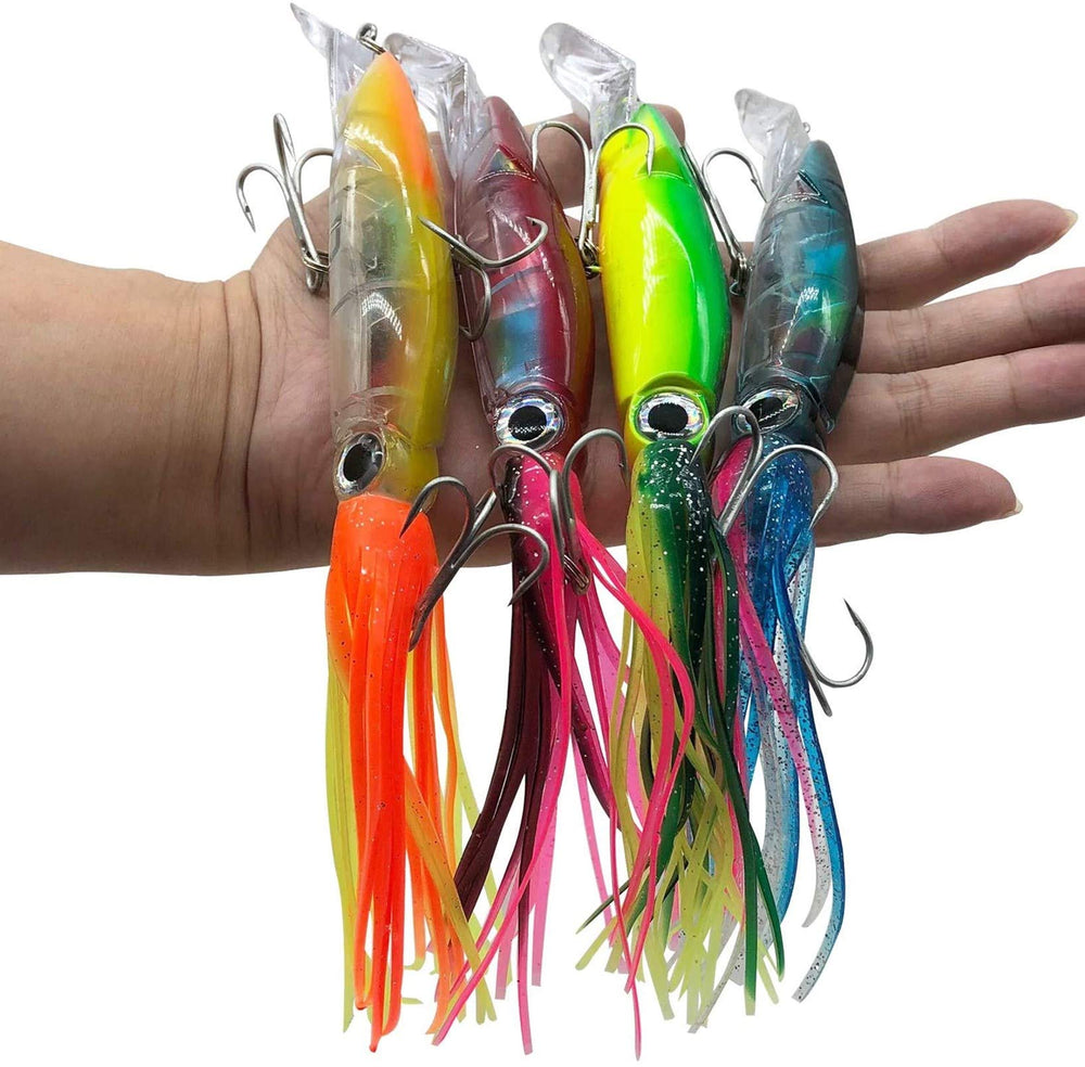 DAMIDEL 4-piece large squid fishing lures kit displaying 5.5 inch bodies with 3D holographic eyes