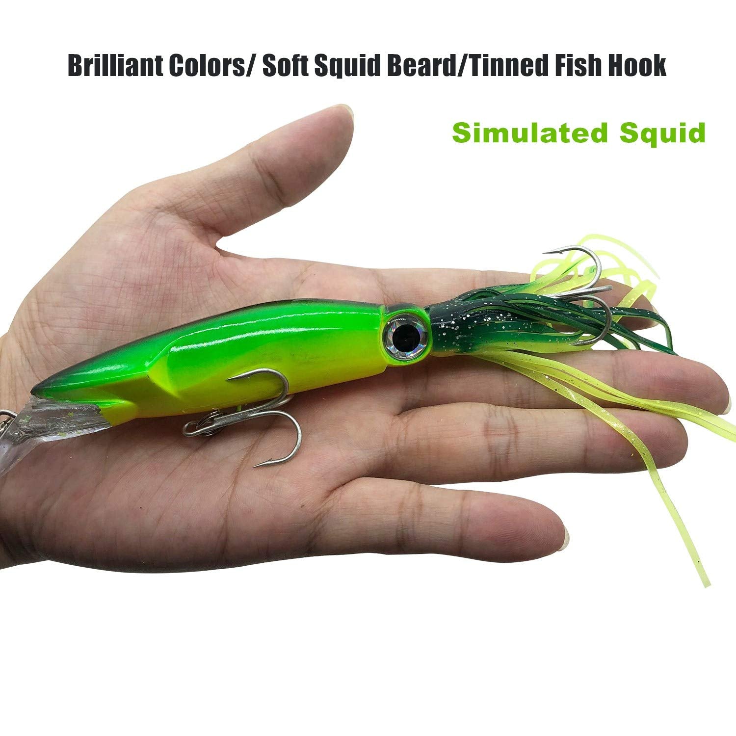 Close-up of lifelike squid lure showing vivid colors and built-in multicolored lead blocks