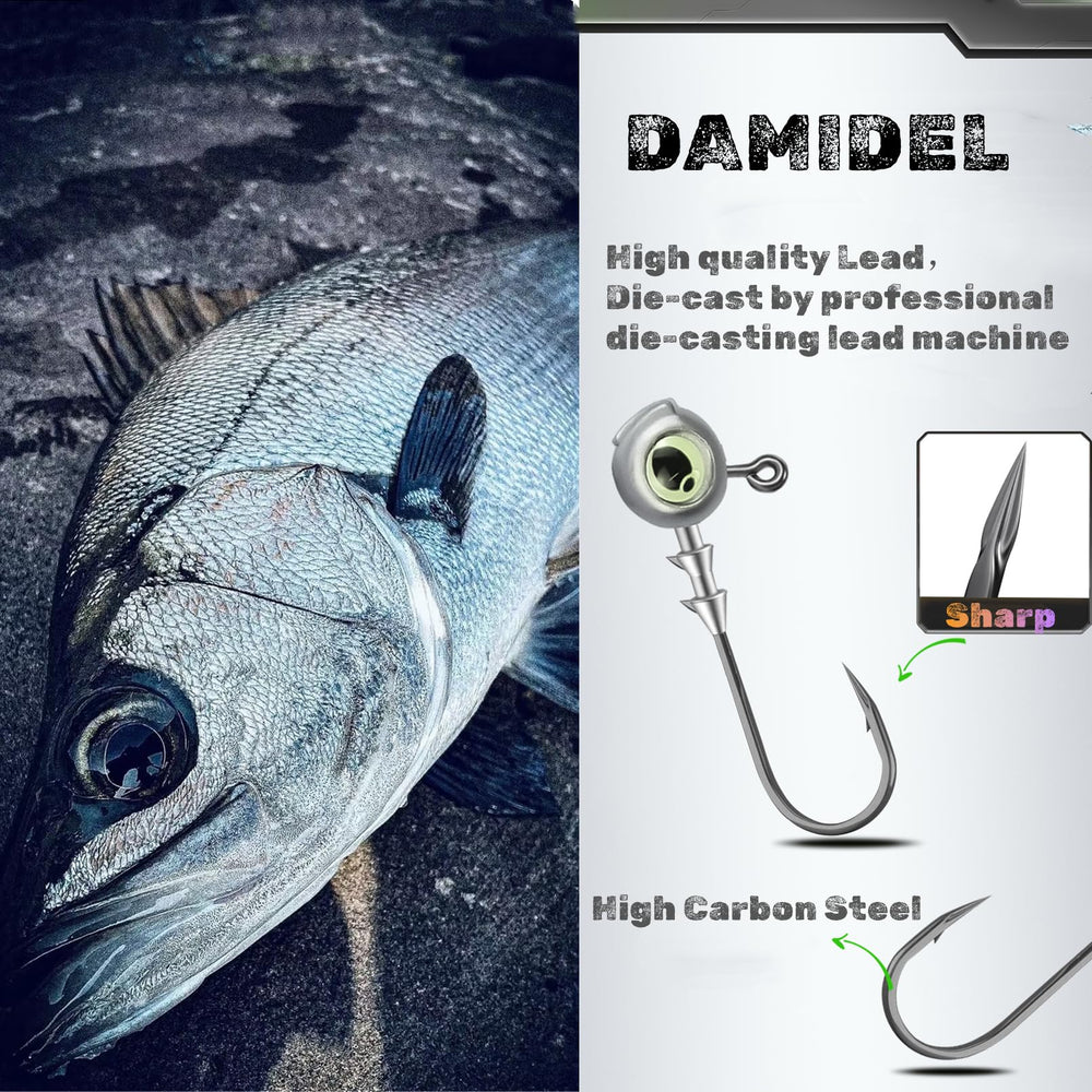 Jig heads available in 4 sizes: 1/4oz, 3/8oz, 1/5oz, 1/8oz