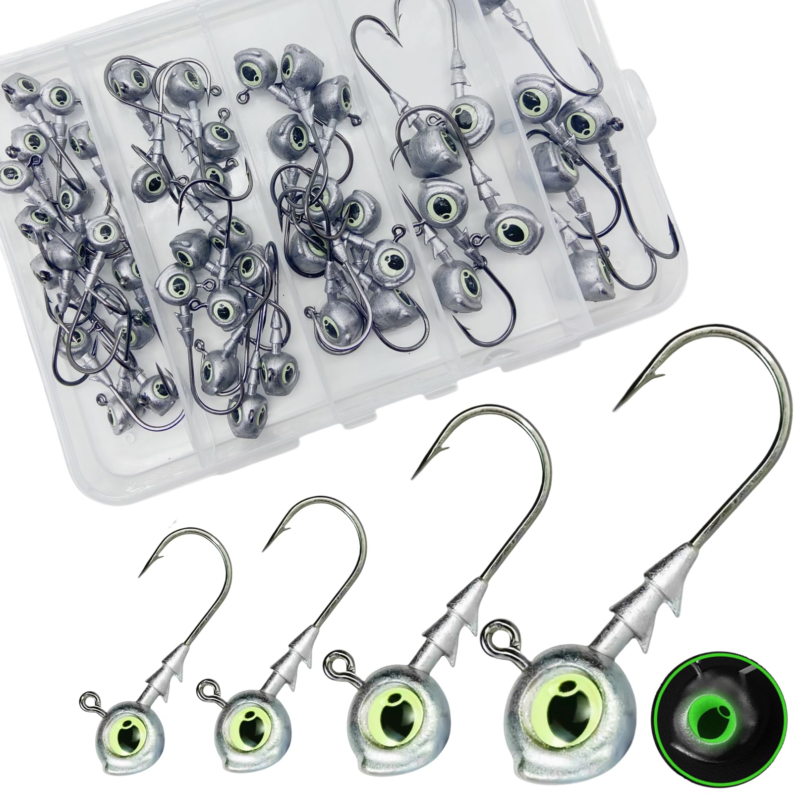DAMIDEL 50-piece box of swimbait jig heads with 3D luminous eyes