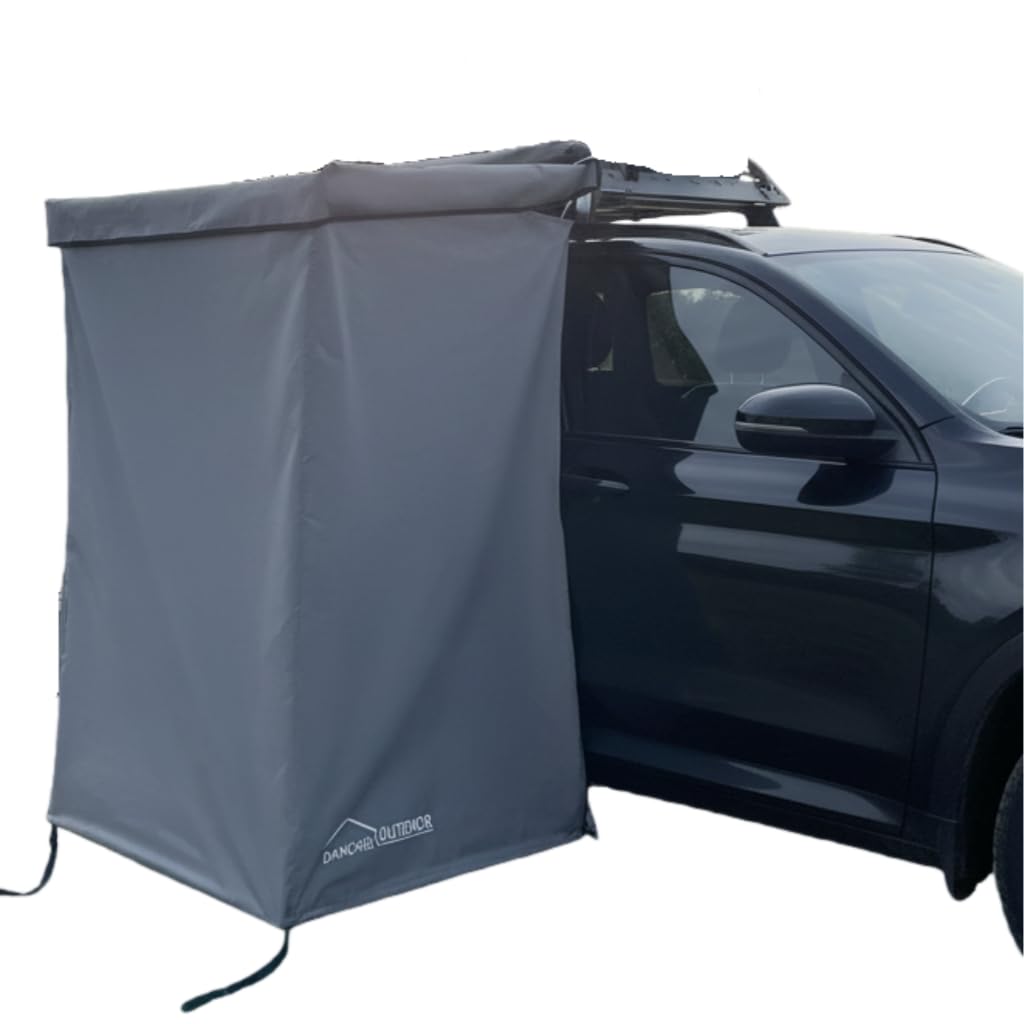 DANCHEL OUTDOOR car-side shower awning setup on a gray roof rack for quick privacy.