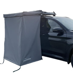 DANCHEL OUTDOOR car-side shower awning setup on a gray roof rack for quick privacy.