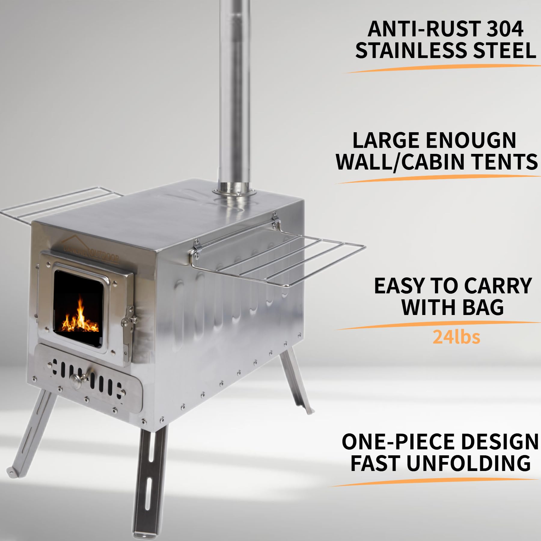 DANCHEL OUTDOOR CS6 firebox and dimensions, large capacity for long burns.