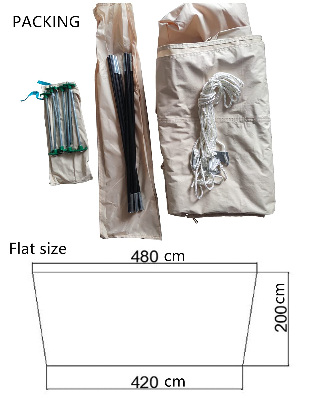 DANCHEL OUTDOOR packaging with porch awning, poles, stakes, and lines