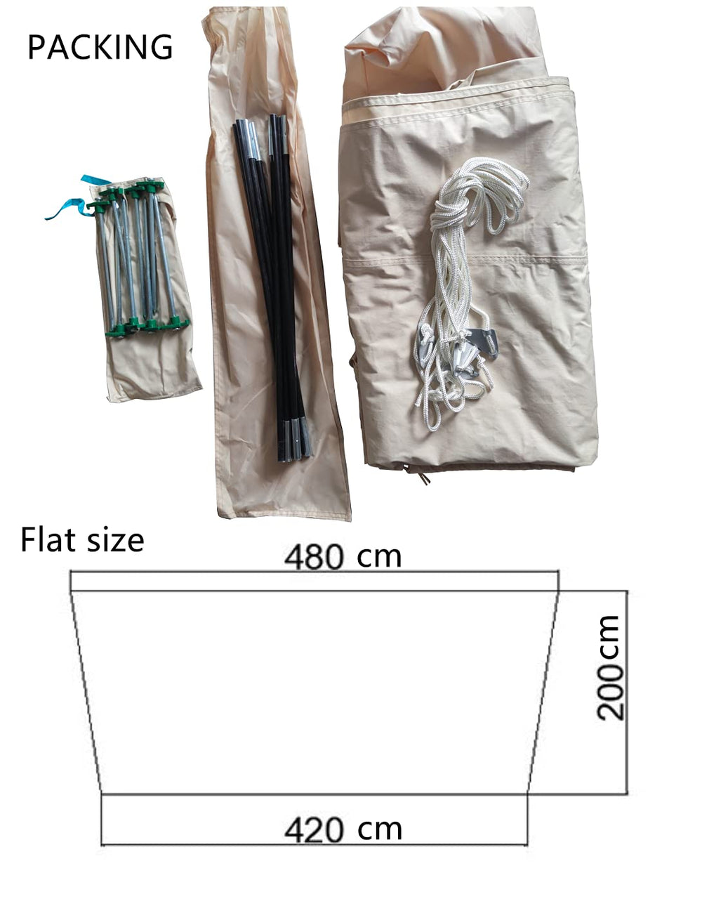 DANCHEL OUTDOOR packaging with porch awning, poles, stakes, and lines
