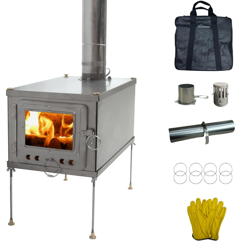 DANCHEL OUTDOOR T1 titanium hot tent stove assembly for quick backpacking setup.