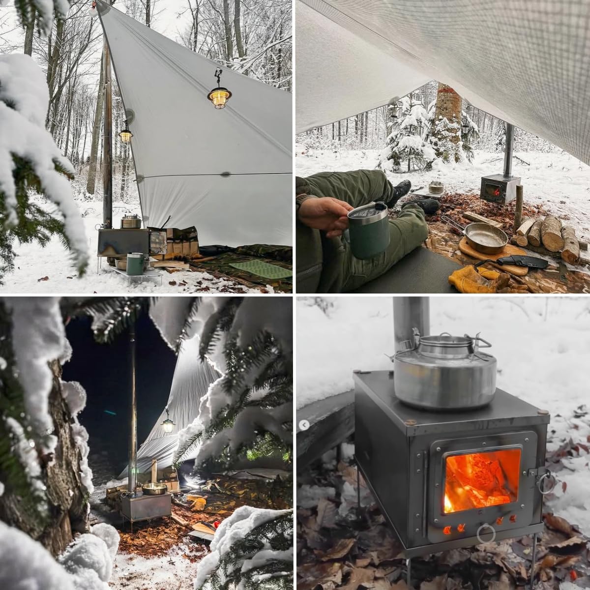 DANCHEL OUTDOOR T1 stove with wind rope rings for snow stability during camping.
