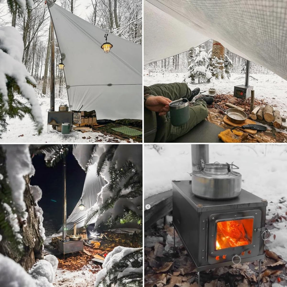DANCHEL OUTDOOR T1 stove with wind rope rings for snow stability during camping.