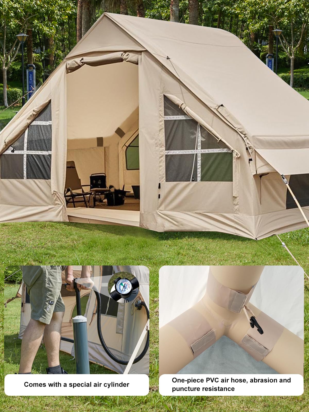 DanCoom inflatable tent inflation pump demonstrates easy setup.