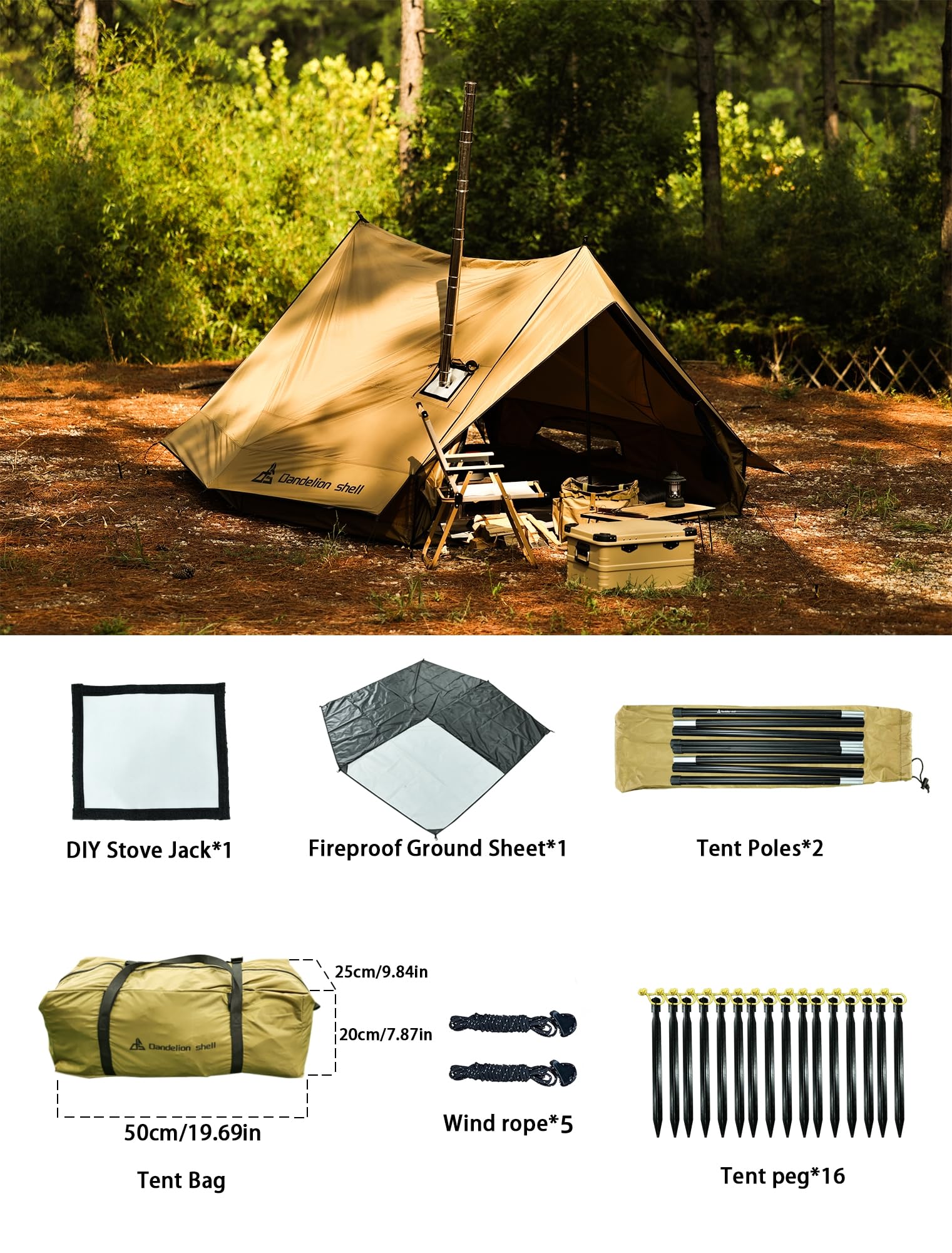 Dandelion Shell Hot Tent Cabin Plus X3 interior offers spacious room for 2–3 campers