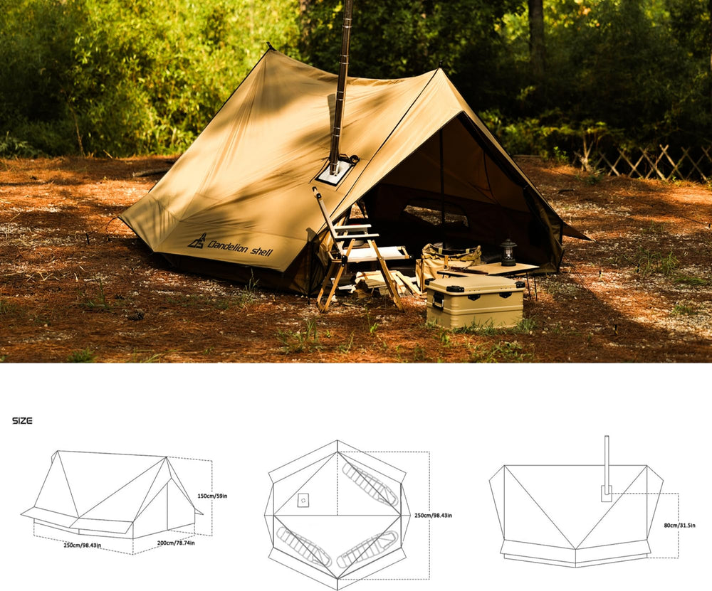 Dandelion Shell Hot Tent Cabin Plus X3 stove-jack cooking setup enables outdoor meals