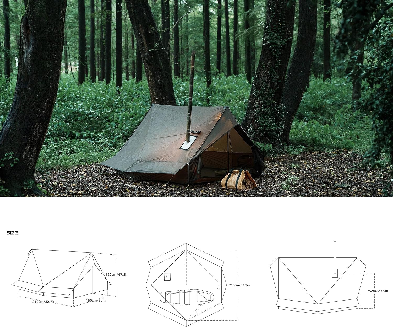 Dandelion Shell hot tent stove jack enables safe on-site cooking.