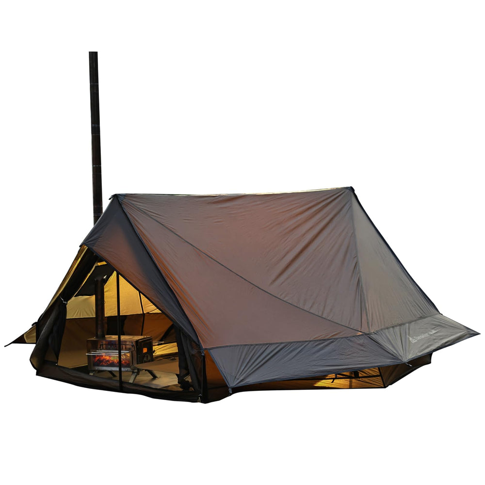 Dandelion Shell hot tent setup shows stove jack readiness for cold-weather camping.
