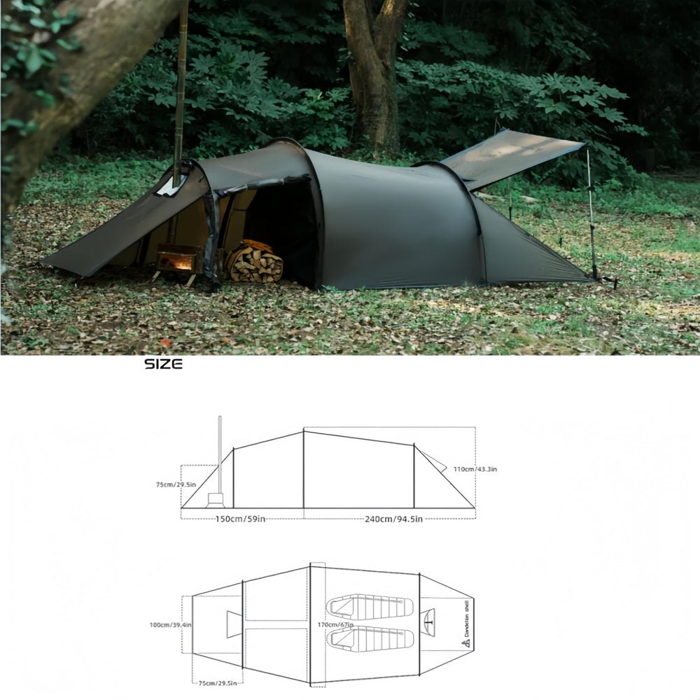 Dandelion shell hot tent with wood stove inside enables cozy warmth and cooking