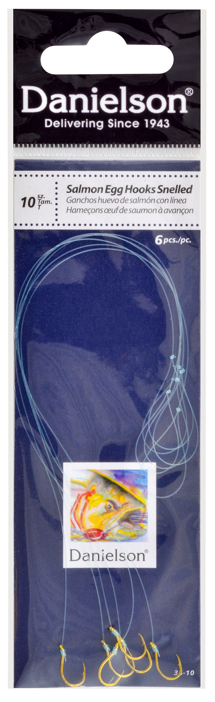 Danielson hook snelled egg size 10 for fast rigging during salmon fishing.