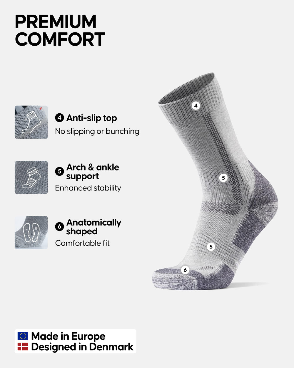 DANISH ENDURANCE anti-blister-cushioning reduces friction for long walks.