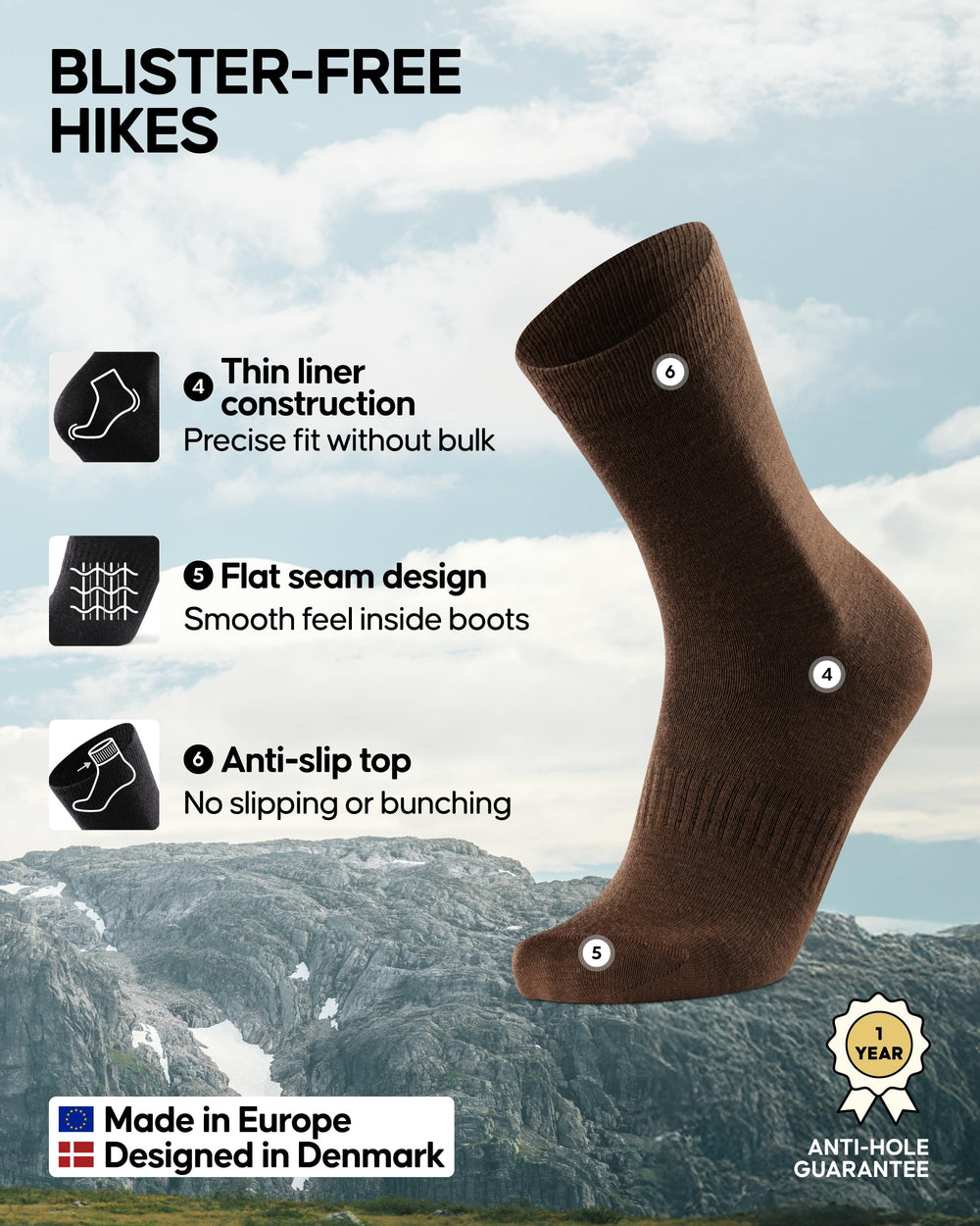 DANISH ENDURANCE hiking socks crew shows versatile men-women fit