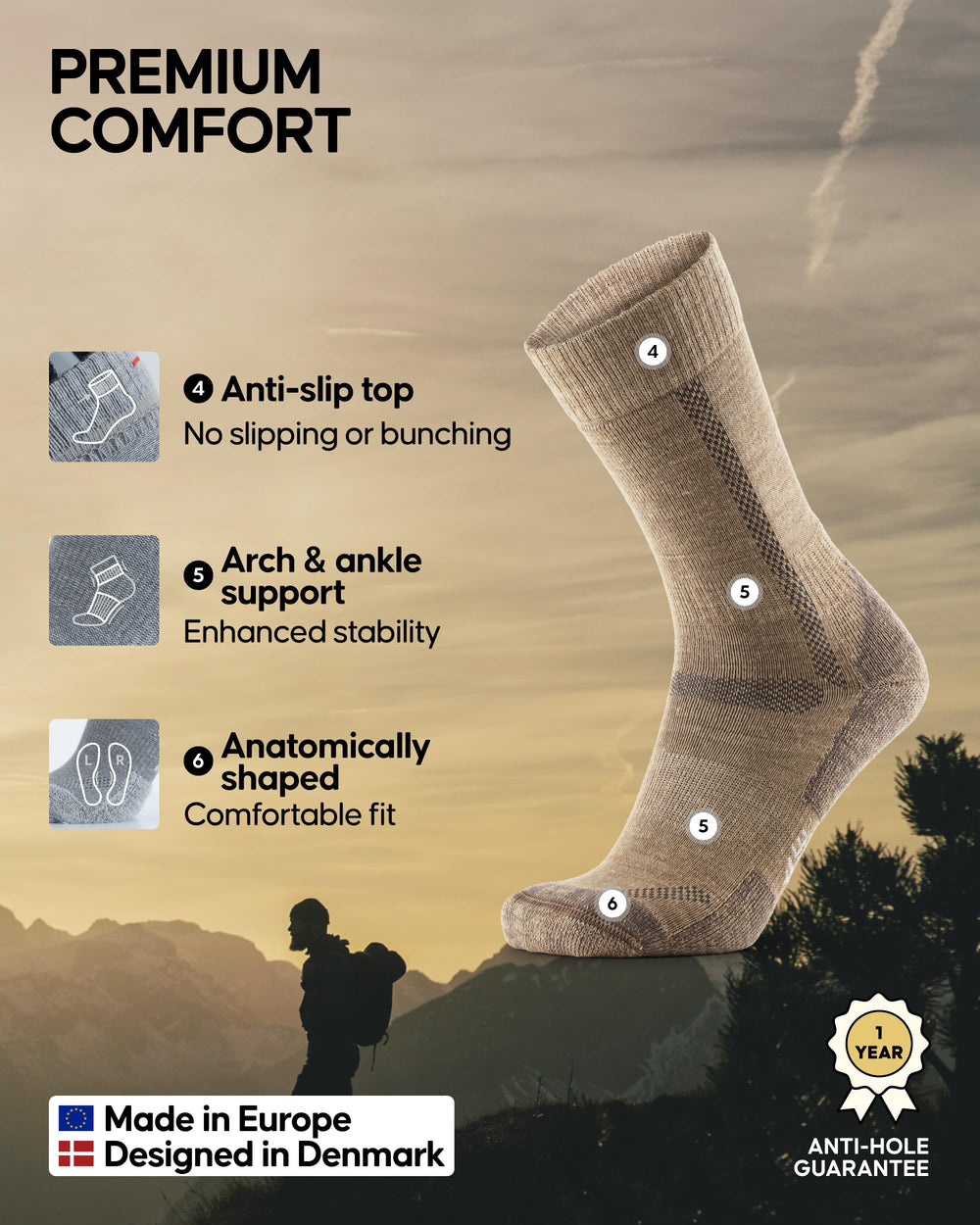 DANISH ENDURANCE hiking socks beige, thick cushioning for reduced foot fatigue