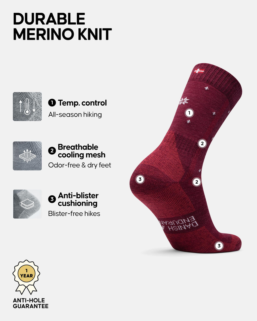 DANISH ENDURANCE hiking socks women merino crew cozy grey front view odor-resistant freshness on long hikes