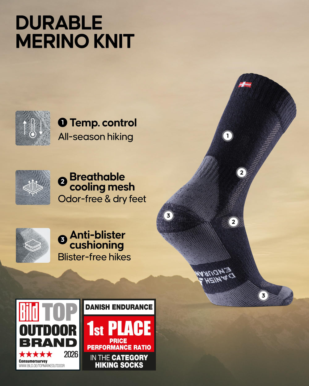 Danish Endurance Merino hiking socks green pack close-up cushioning detail