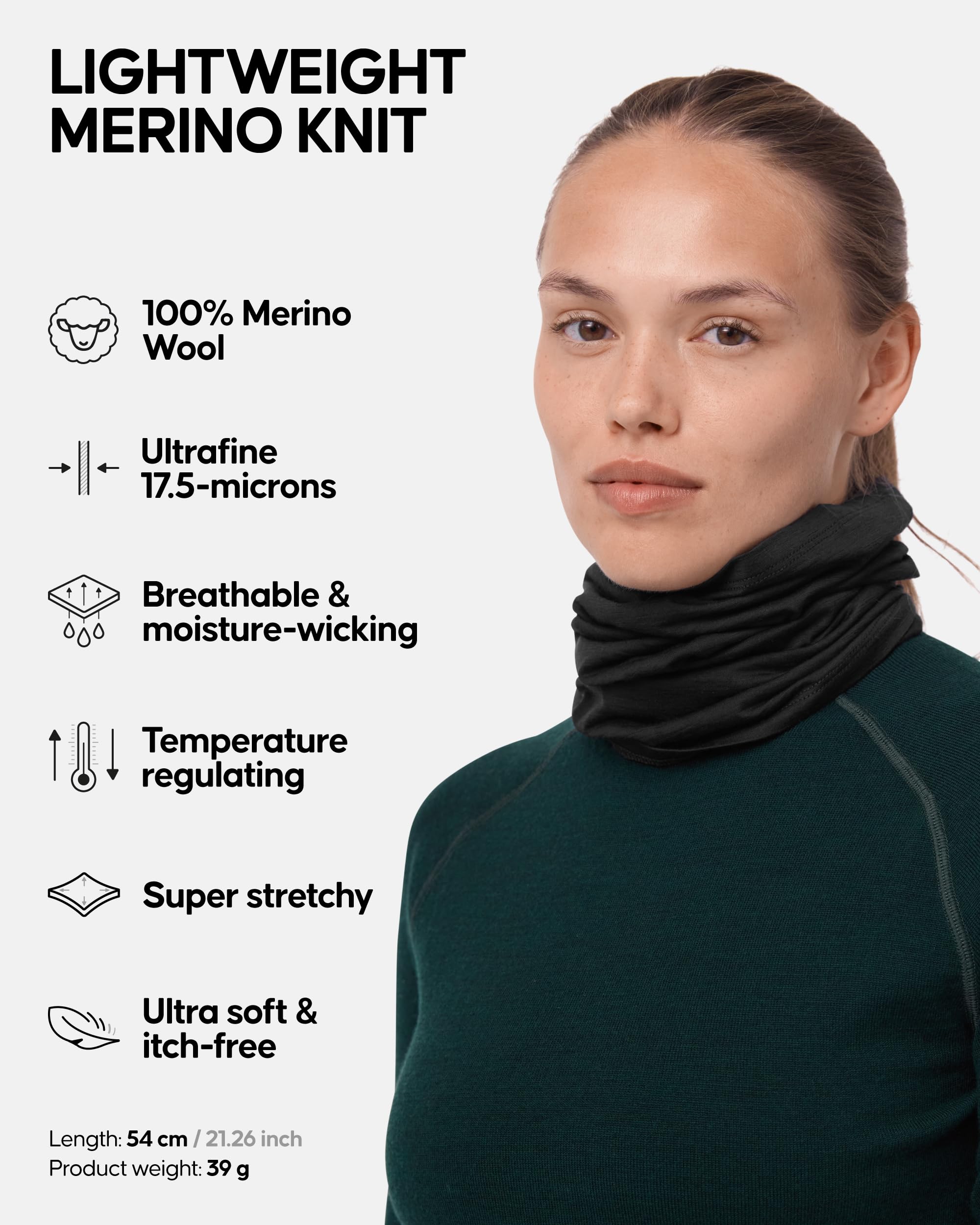 DANISH ENDURANCE Merino Snood worn as face and neck gaiter for all-season warmth.