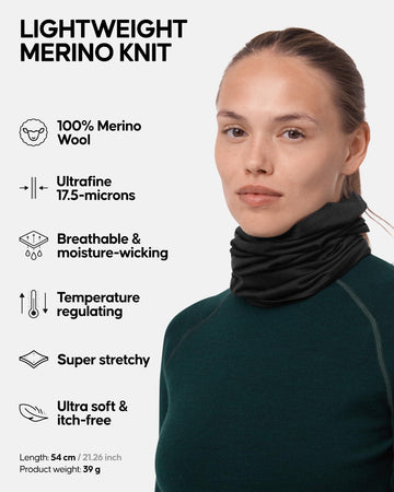 DANISH ENDURANCE Merino Snood worn as face and neck gaiter for all-season warmth.
