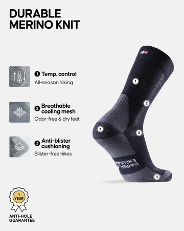 DANISH ENDURANCE Merino socks arch support closeup for foot stability on uneven terrain.