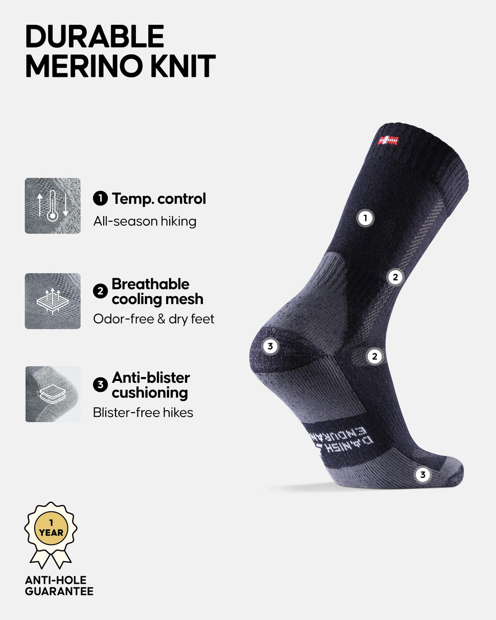 DANISH ENDURANCE Merino socks arch support closeup for foot stability on uneven terrain.