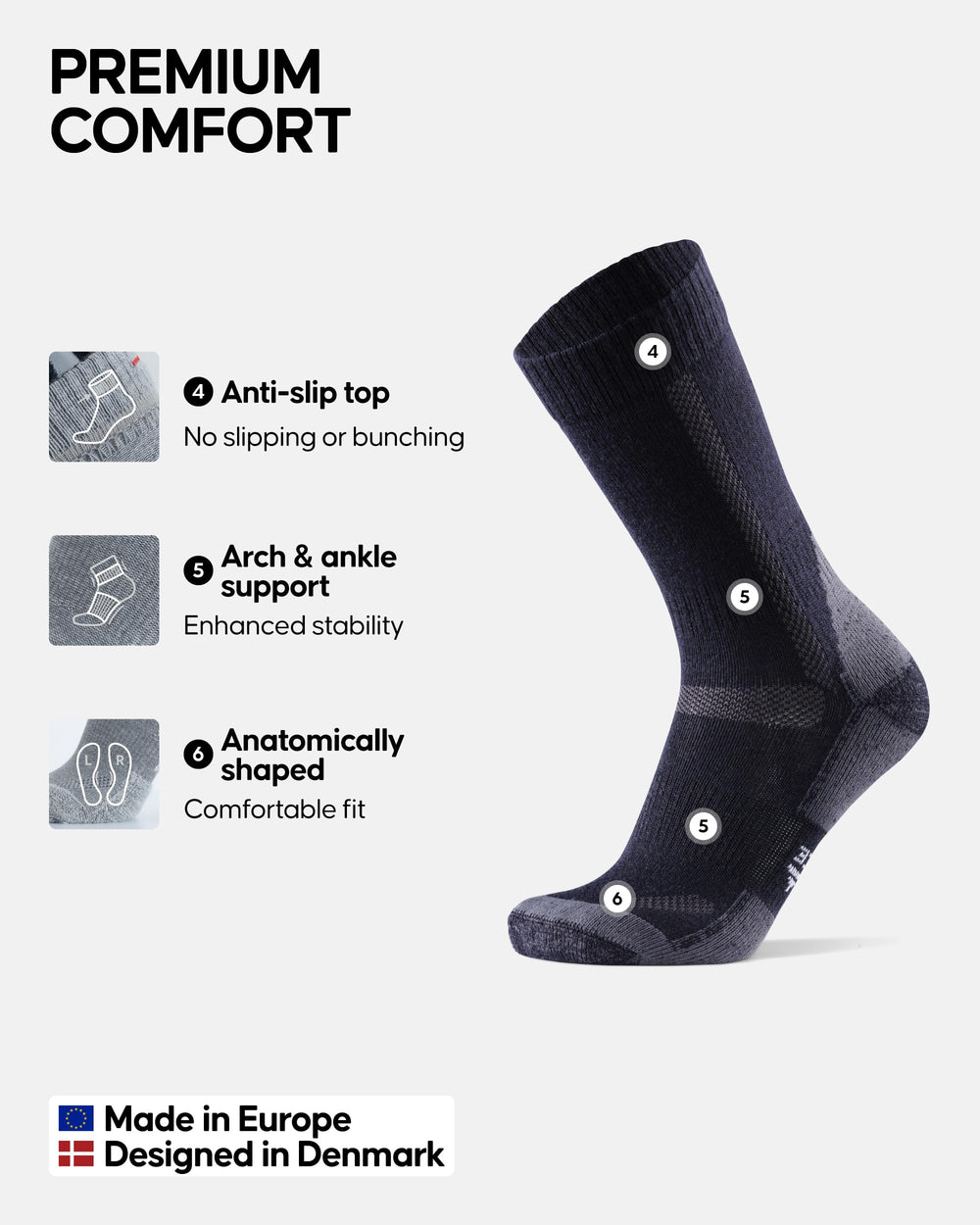 DANISH ENDURANCE Merino sock fibers closeup shows soft, breathable blend for all-day comfort.