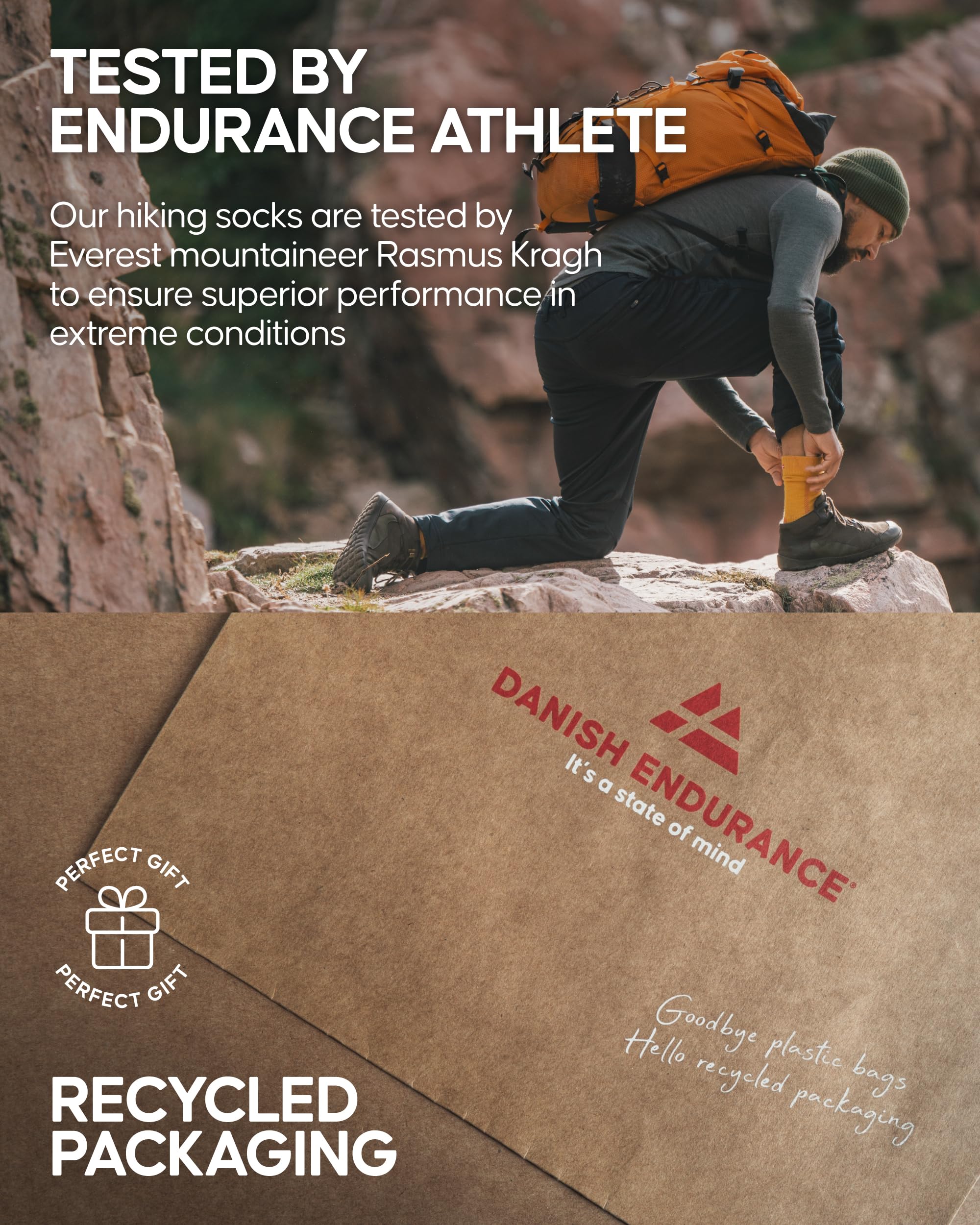 Danish Endurance Merino hiking socks fabric close-up reveals premium blend and odor resistance.