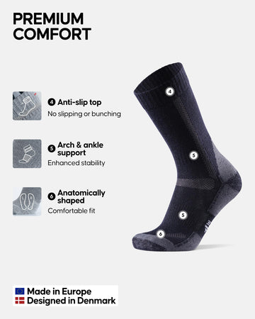 DANISH ENDURANCE navy hiking socks worn in winter terrain for warmth and comfort