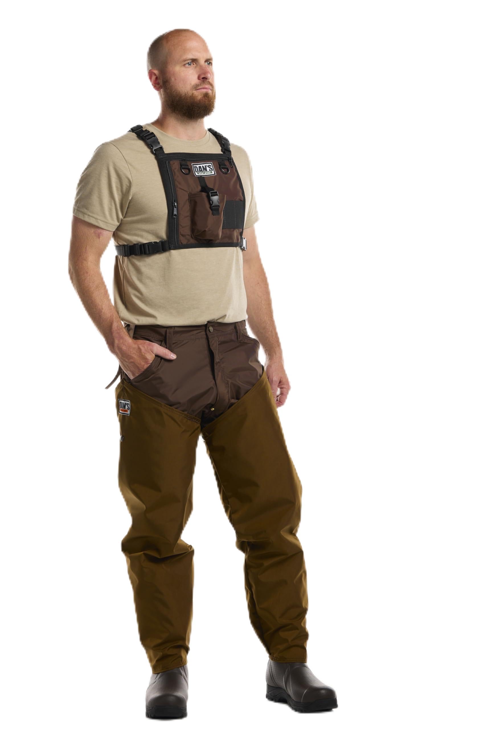DAN'S Hunting Gear Five Star briar-proof hip wader in brown for rugged fieldwork.
