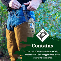 DAN'S Hunting Gear Made in USA badge on hip wader signals quality.