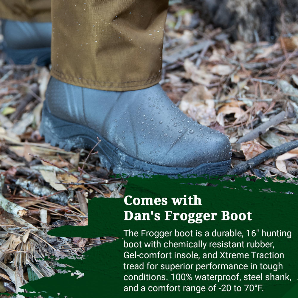 DAN'S Five Star hip wader wading through muddy brush for briar protection.