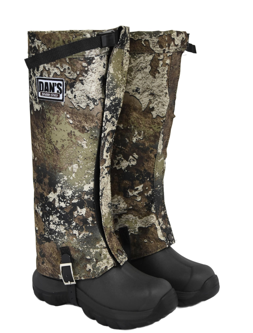 Dan's Hunting Gear snake gaiters in Strata Camo protect legs on hikes.