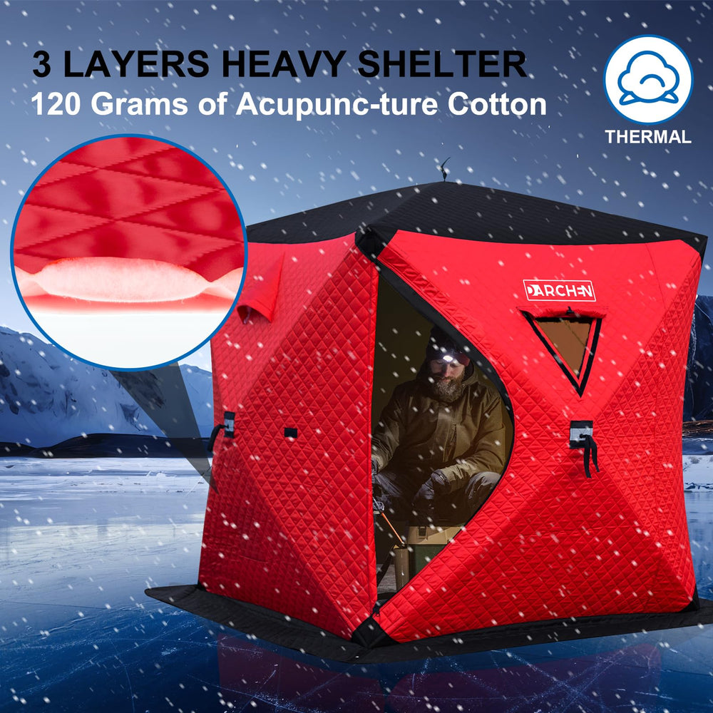 DARCHEN insulated ice tent ice anchors and grommets keep shelter in place.