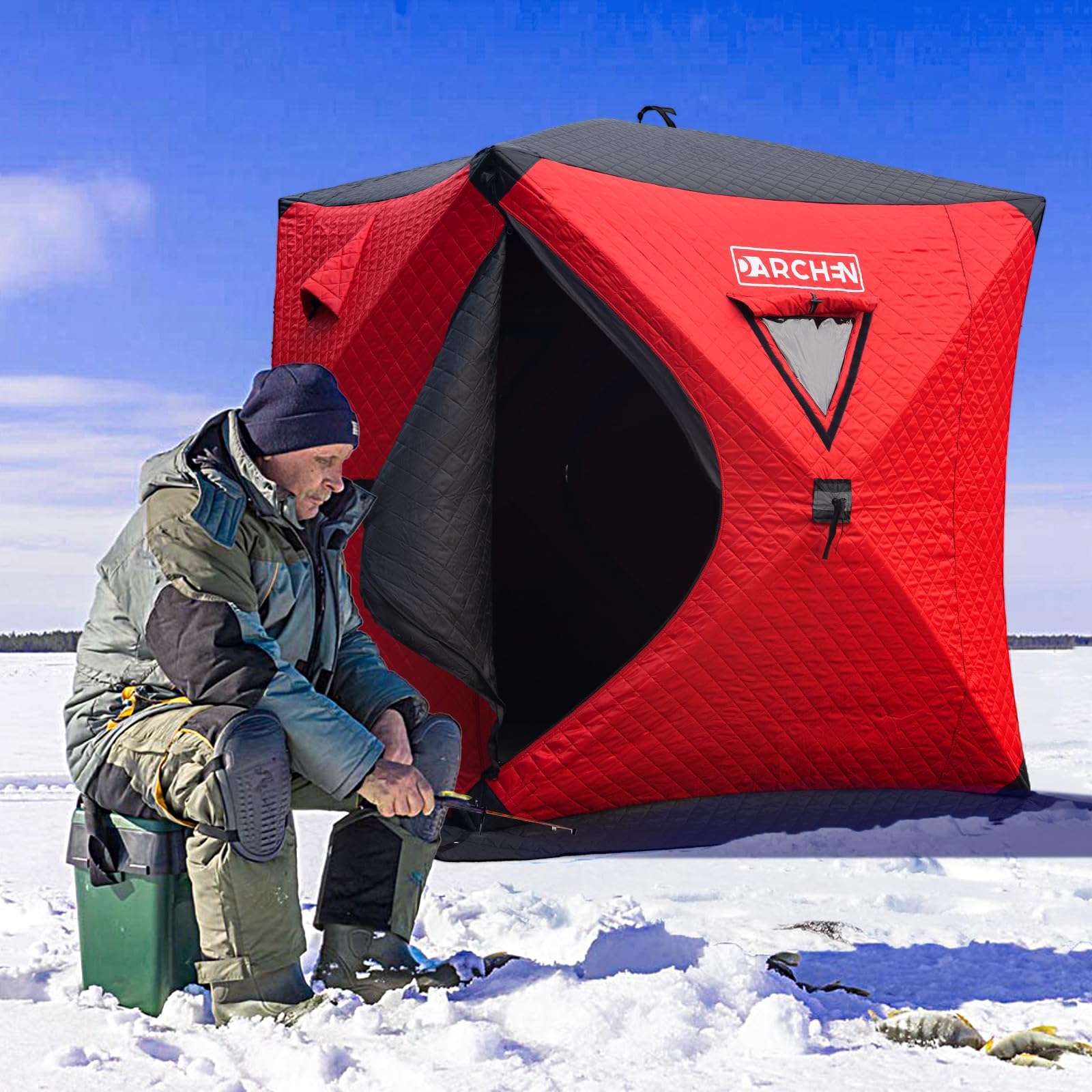 DARCHEN insulated ice fishing tent insulated layer improves heat retention for comfort.